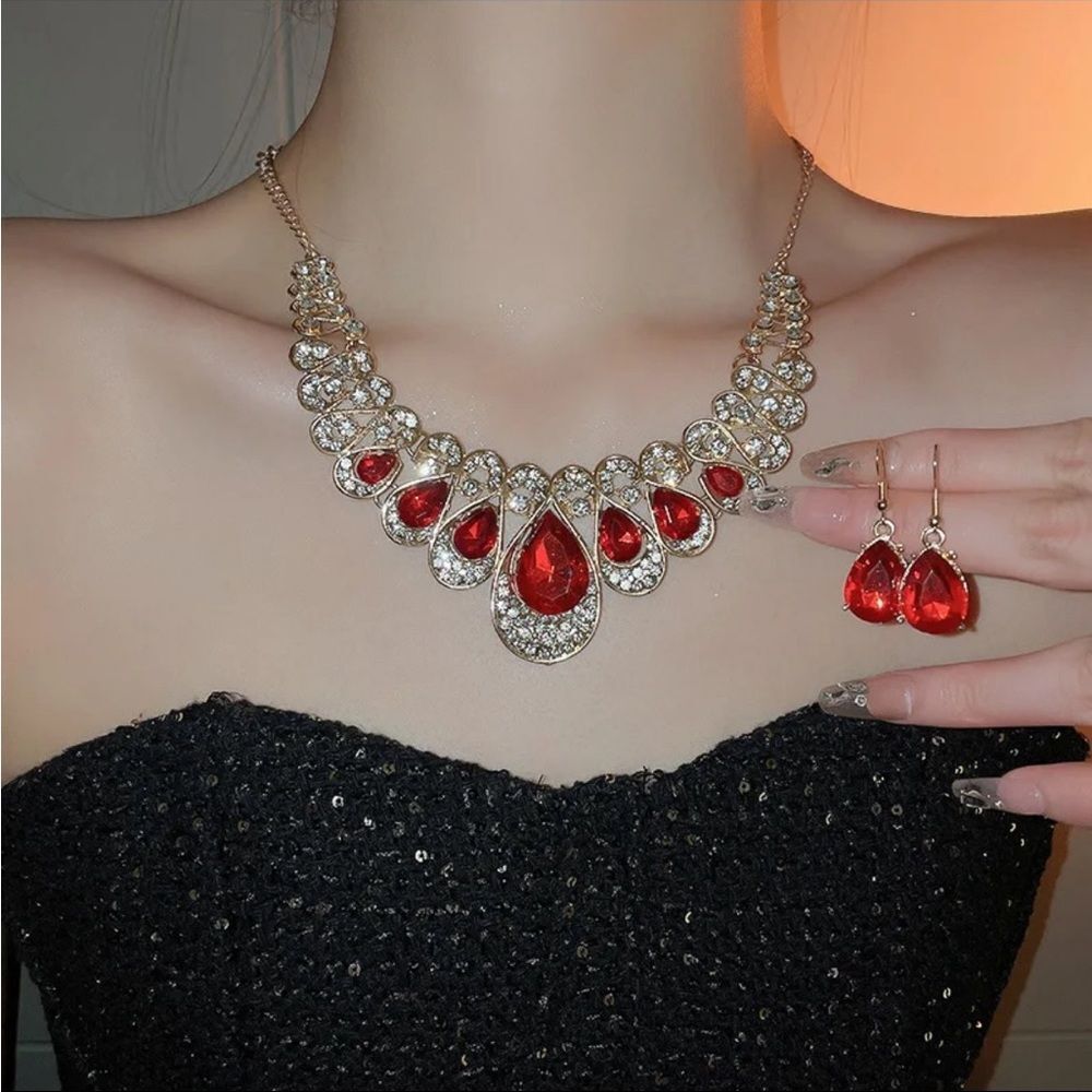 Private Label Gold-Tone Necklace and Earring Set with Red Teardrop Crystals NEW - Picture 2 of 8